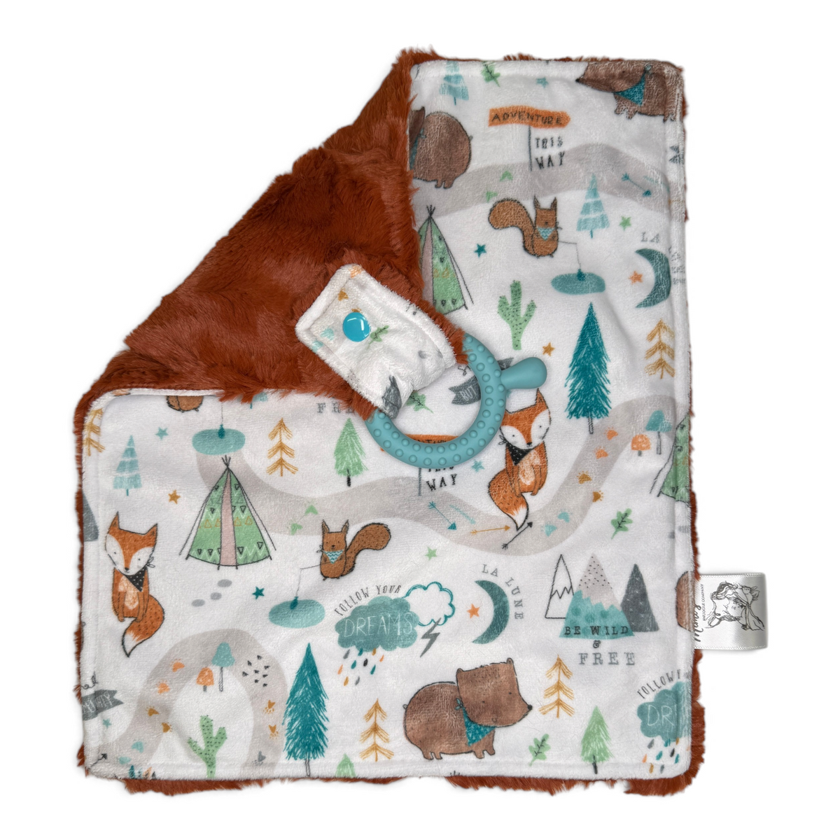 Mimi's Snuggle Company woodland print baby lovie with soft rust-colored minky backing and a teal teething ring.