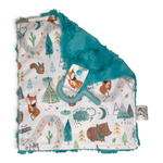 Mimi's Snuggle Company baby lovie with woodland animal print, teal minky backing, and a removable teething ring.