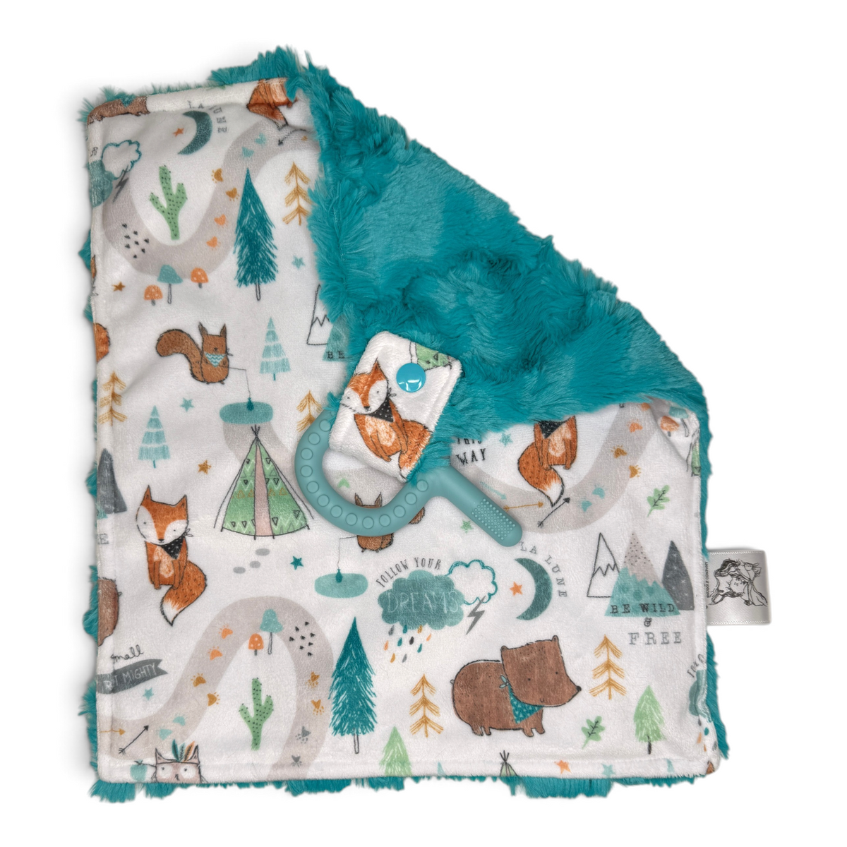 Mimi's Snuggle Company baby lovie with woodland animal print, teal minky backing, and a removable teething ring.