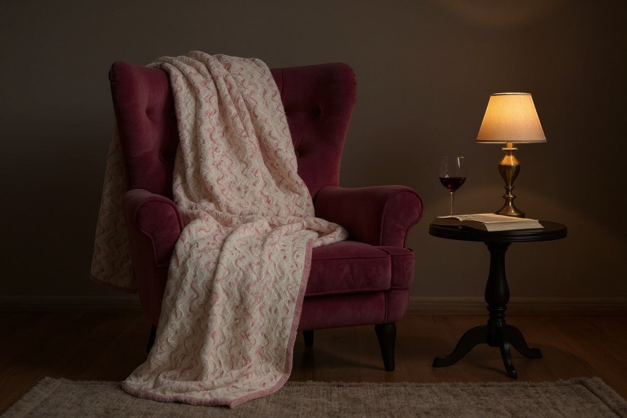 Mimi's Snuggle Company Rosewater Minky blanket with textured Snowy Owl Minky and Rosewater Hide Minky backing.